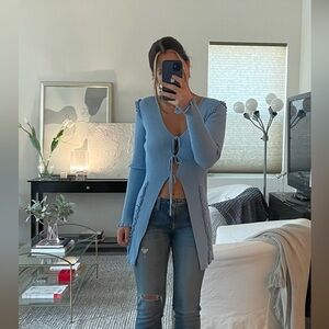 NWT find me now long blue tie sweater/cardigan with ruffles